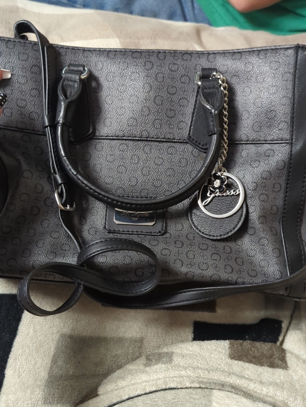 Guess Black Signature Monogram Satchel with Charm